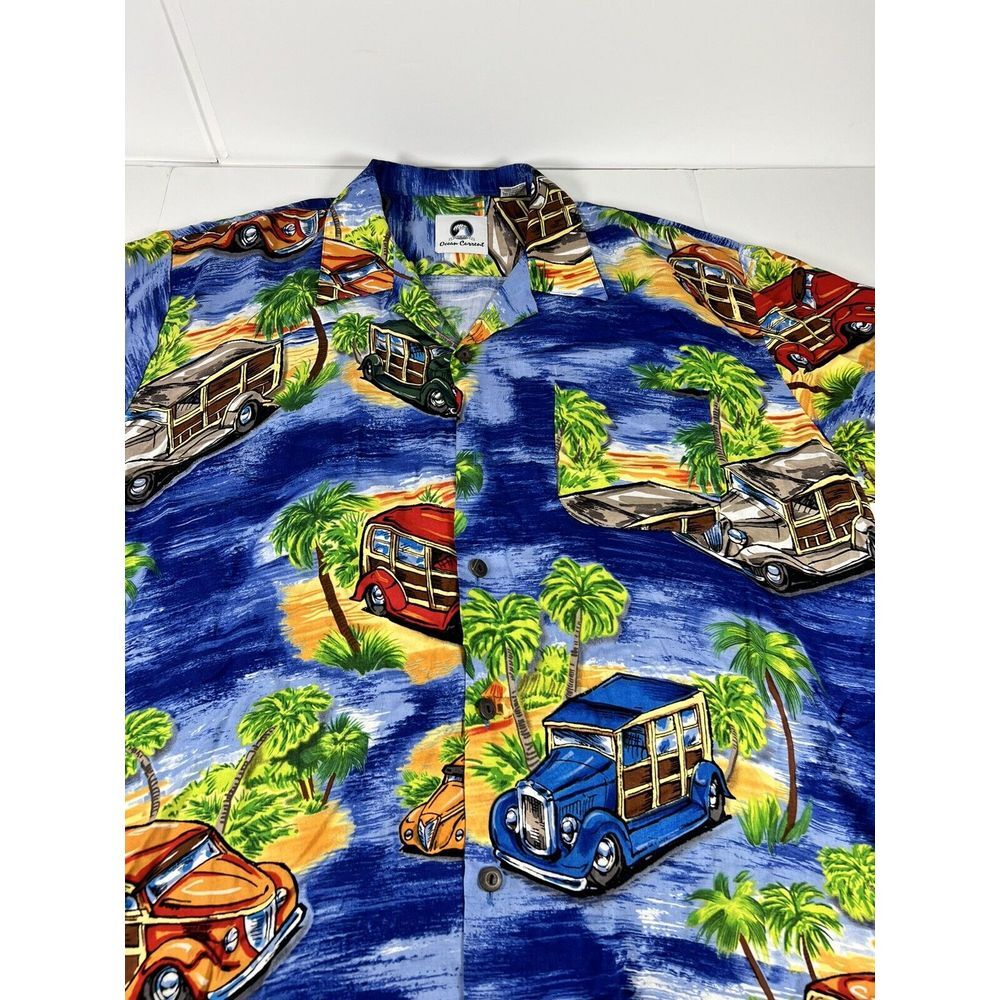 Ocean Current Mens Hawaiian Tropical Blue Woody Car Shirt‎ Size Large